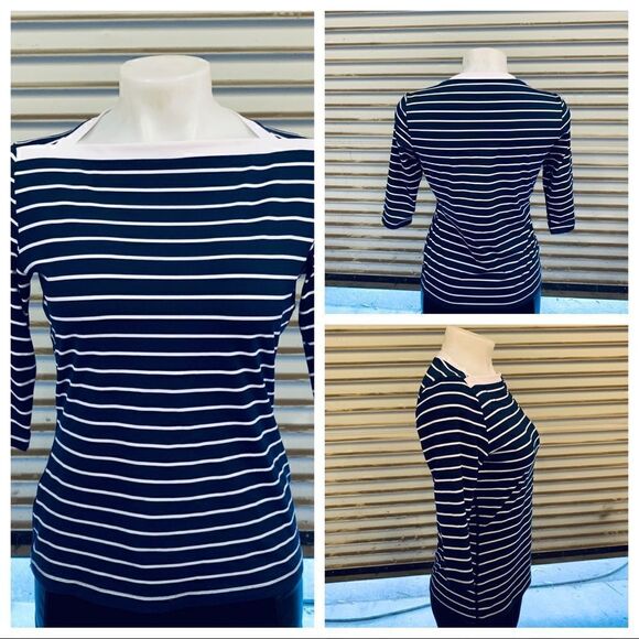 Land End boat neck stripped 3/4 sleeve top - Picture 1 of 6